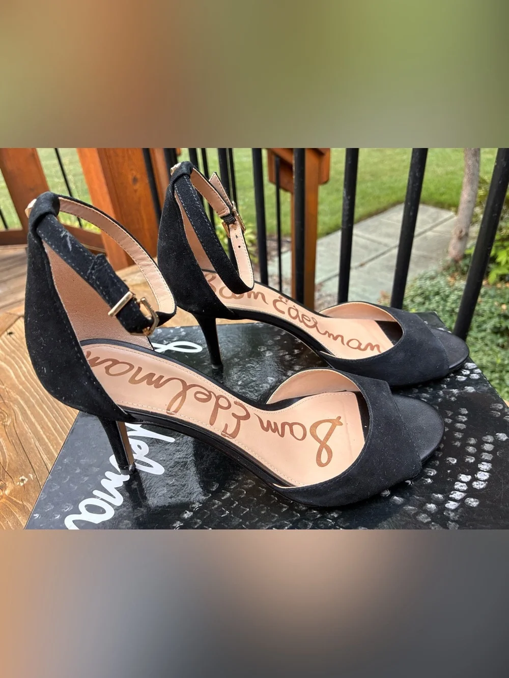 Sam Edelman Black Suede Porchia Open-Toe Ankle-Strap Heels size 7.5
